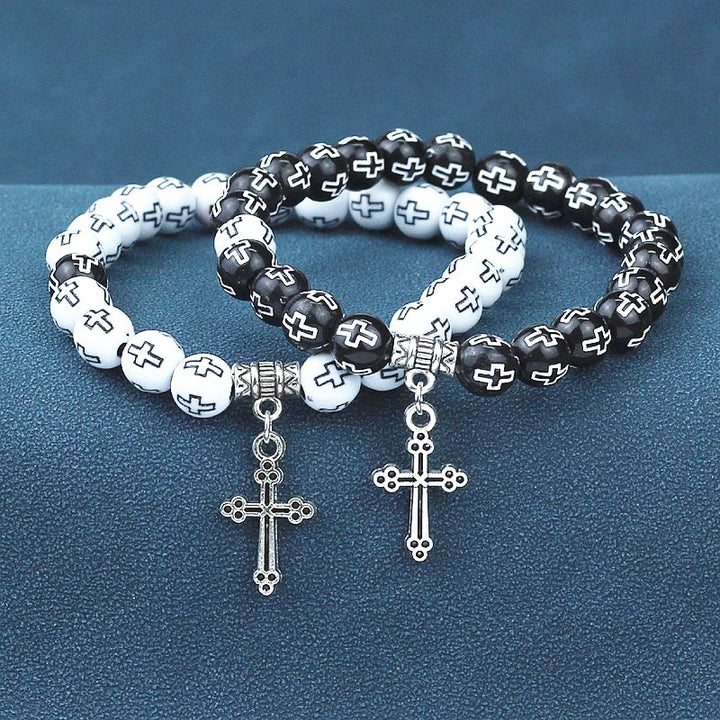 Christianartworkshop Armband mit schwarz-weiß bedruckten Perlen und Kreuz - Schwarz - image 0