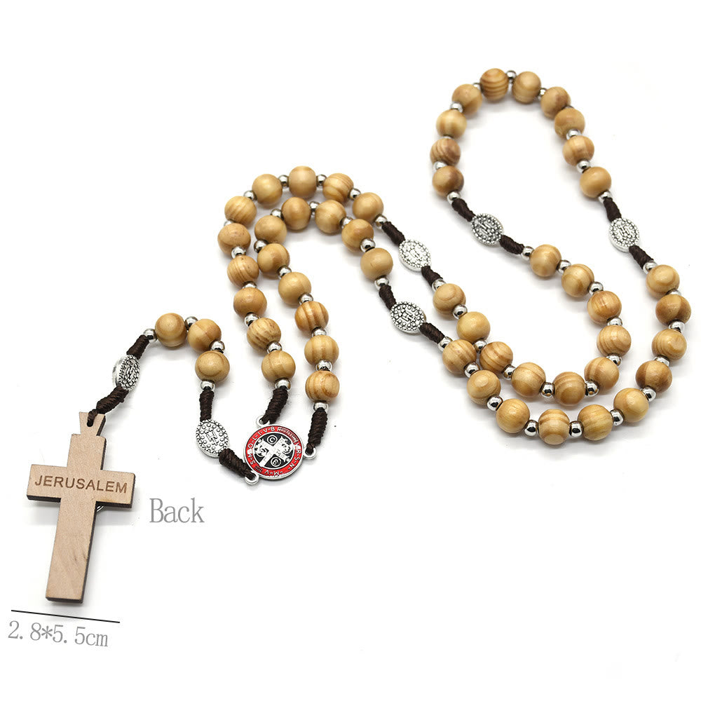 Katholisches Kruzifix Jesus St. Benedikt Weben Kiefer Holz Perlen Rosenkranz - image 1