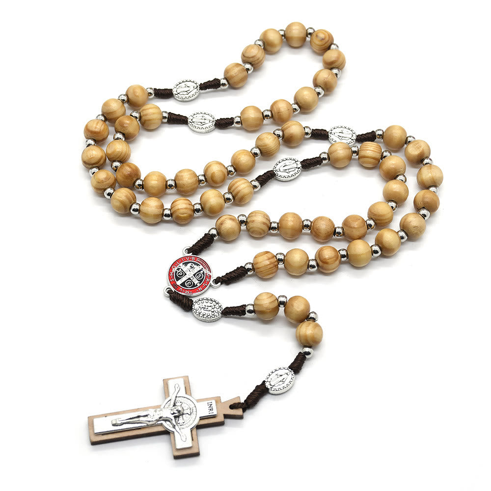 Katholisches Kruzifix Jesus St. Benedikt Weben Kiefer Holz Perlen Rosenkranz - Braun - image 1