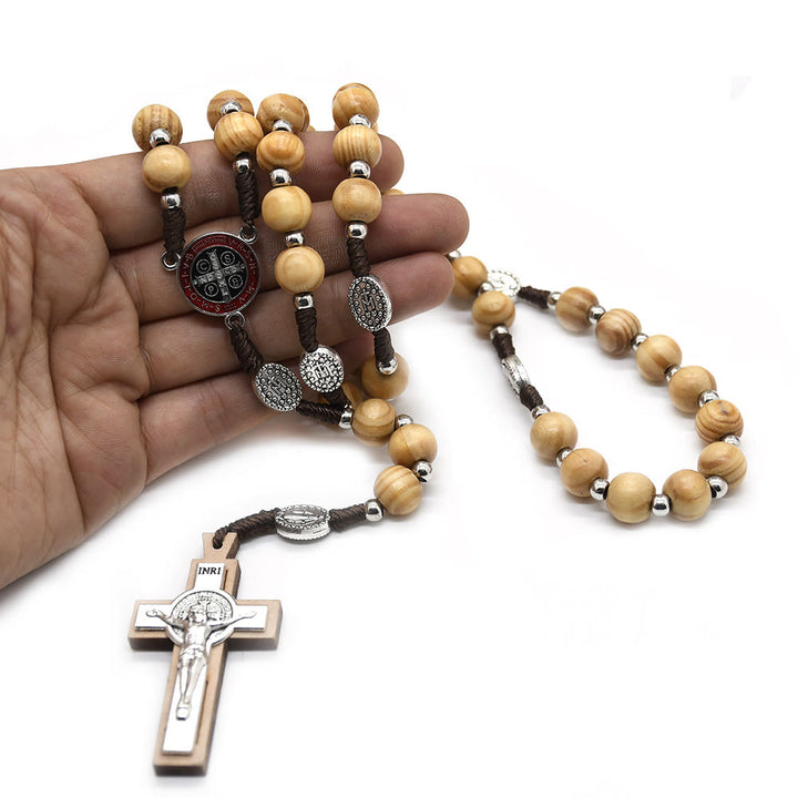 Katholisches Kruzifix Jesus St. Benedikt Weben Kiefer Holz Perlen Rosenkranz - image 3