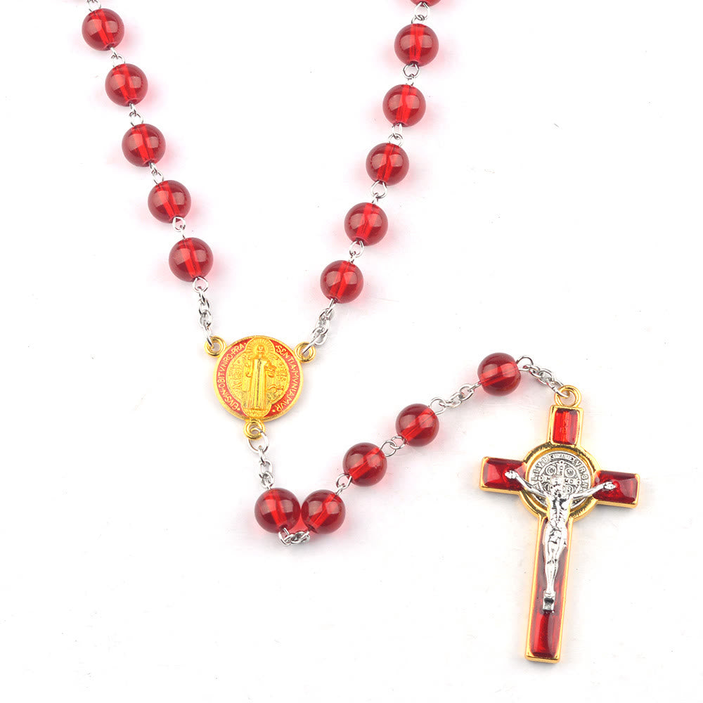 Katholischer St. Benedikt Herzstück Rote Glasperlen Kreuz Rosenkranz - image 1