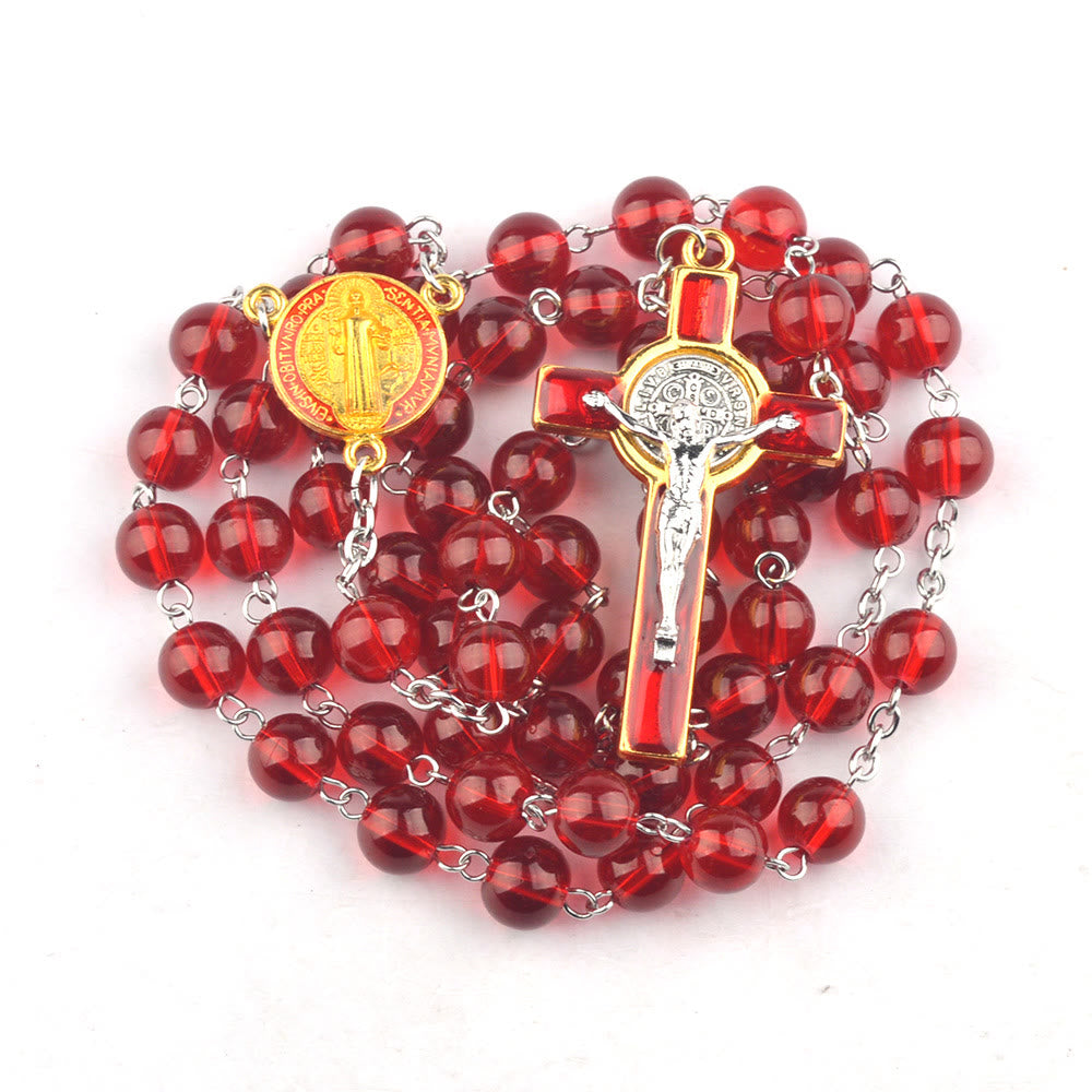 Katholischer St. Benedikt Herzstück Rote Glasperlen Kreuz Rosenkranz - Rot - image 1