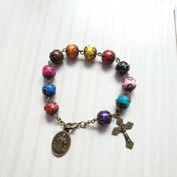 Christianartworkshop Holzarmband in Antikfarben mit St. Benedikt und Kruzifix