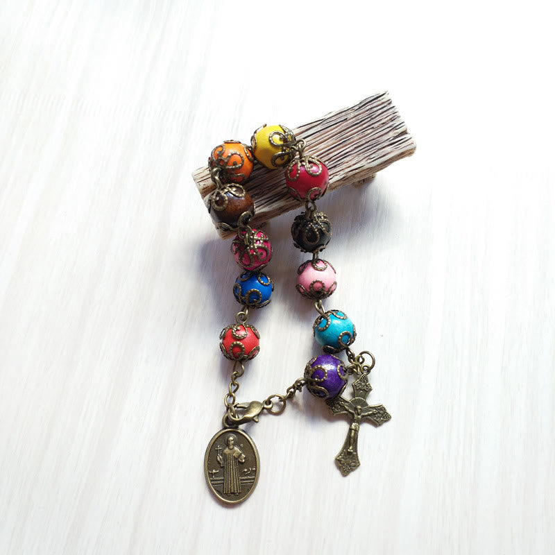 Christianartworkshop Holzarmband in Antikfarben mit St. Benedikt und Kruzifix
