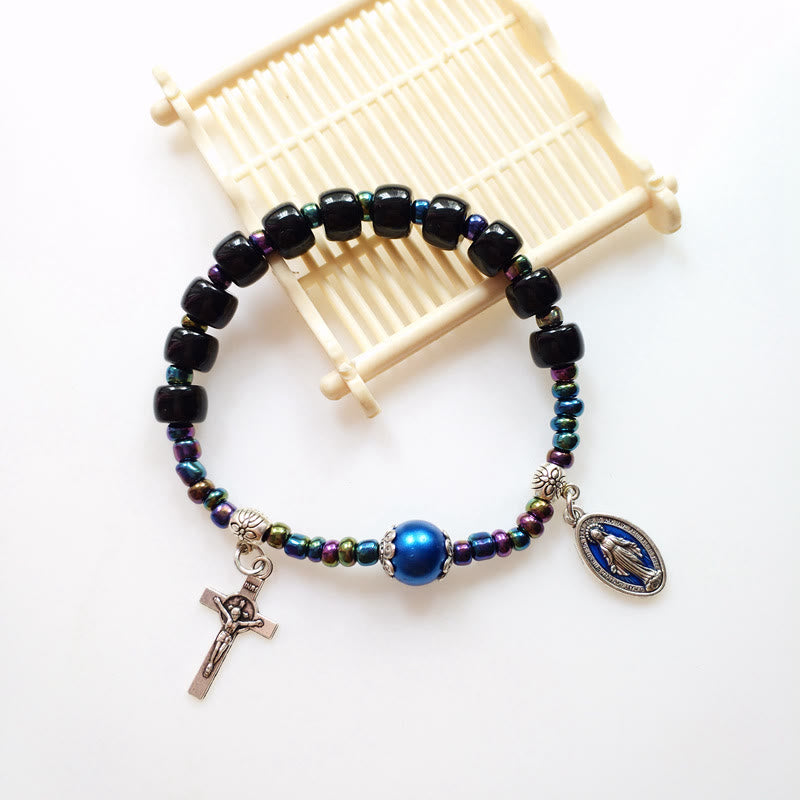 Christianartworkshop Armband mit Achat und blauer Perle, verziert mit der wundertätigen Maria und dem Kruzifix - image 2