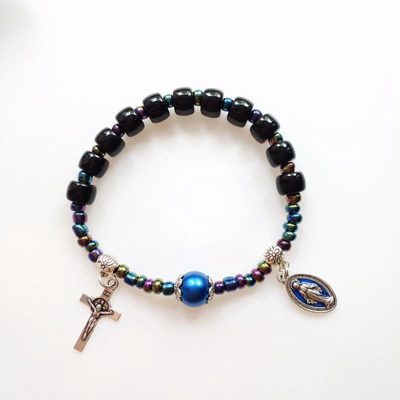 Christianartworkshop Armband mit Achat und blauer Perle, verziert mit der wundertätigen Maria und dem Kruzifix - image 3