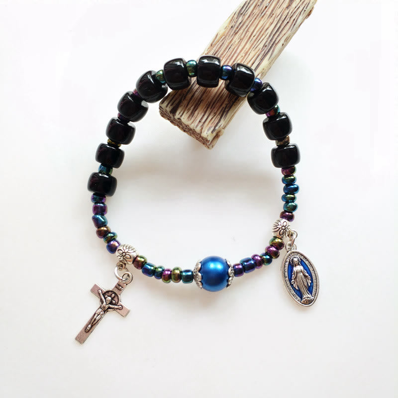 Christianartworkshop Armband mit Achat und blauer Perle, verziert mit der wundertätigen Maria und dem Kruzifix - Retro-Stil - image 1