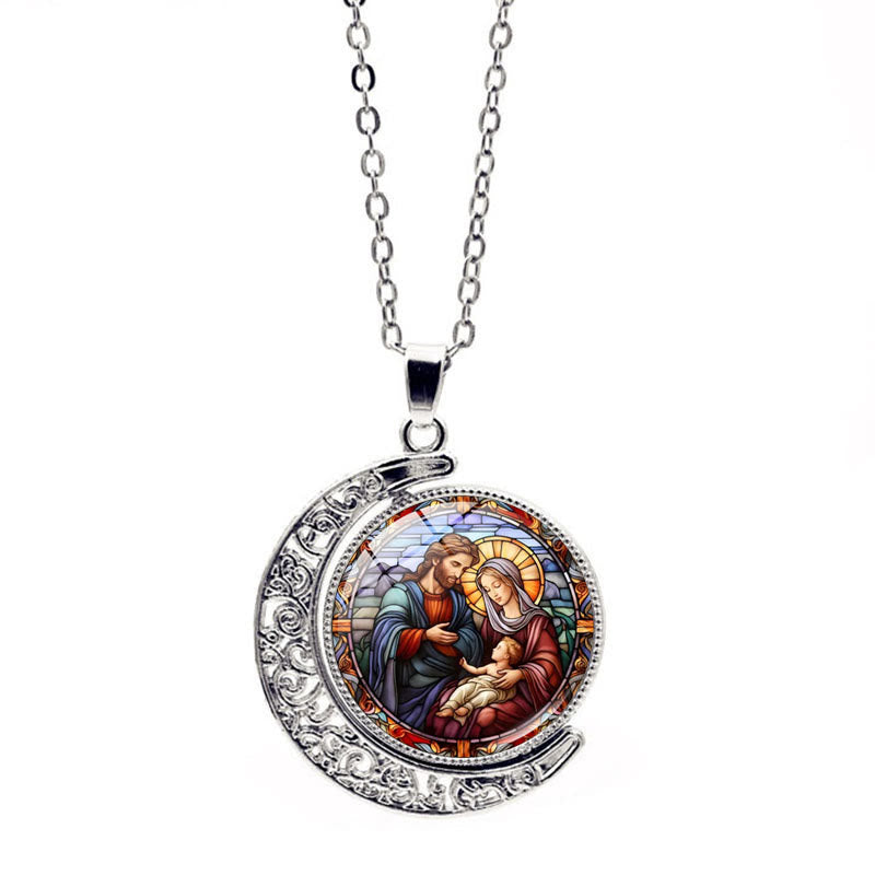 Christianartworkshop Halskette mit doppelseitigem, drehbarem Mondanhänger „Jesus“ der Heiligen Familie - Silber - image 3