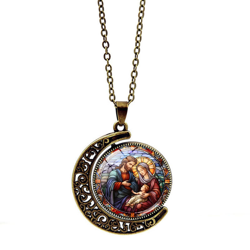 Christianartworkshop Halskette mit doppelseitigem, drehbarem Mondanhänger „Jesus“ der Heiligen Familie - Retro Bronze - image 1