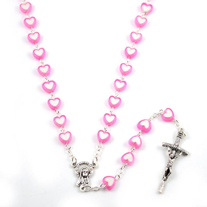 Bunter Jesuskreuz-Rosenkranz in Herzform - Rosa - image 4