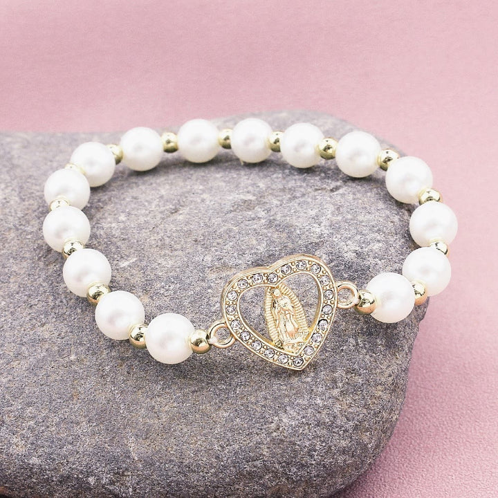 Christianartworkshop Strass-Armband mit herzförmiger Jungfrau Maria und Perlen - Unsere Liebe Frau - image 1