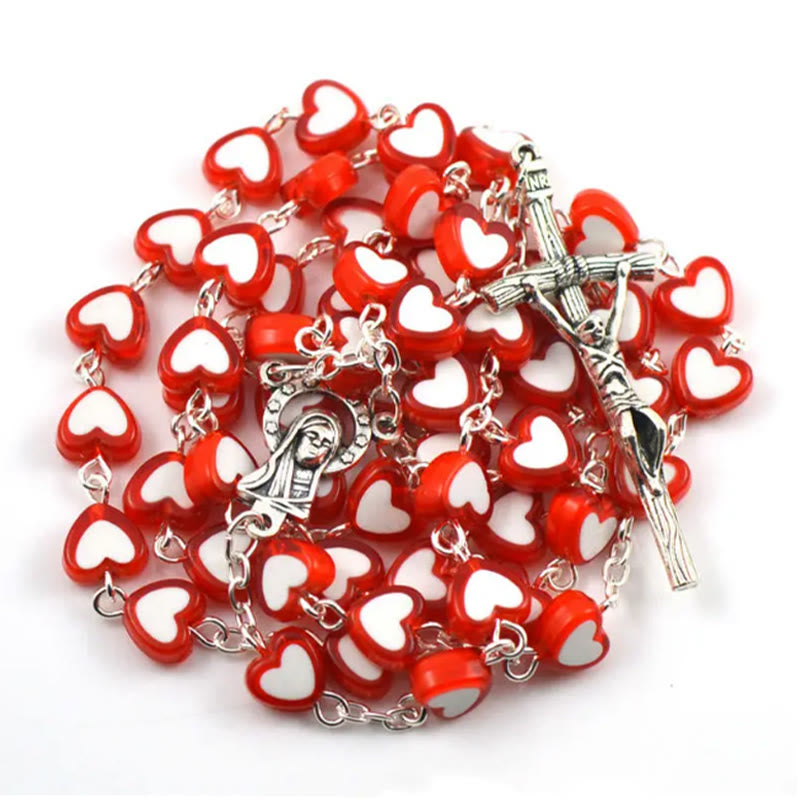 Bunter Jesuskreuz-Rosenkranz in Herzform - Rot - image 1