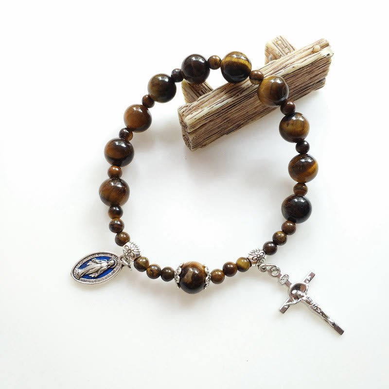 Christianartworkshop Jesuskreuz und Wundertätige Medaille, Tigerauge, Perlen-Rosenkranz-Armband - Braun - image 1