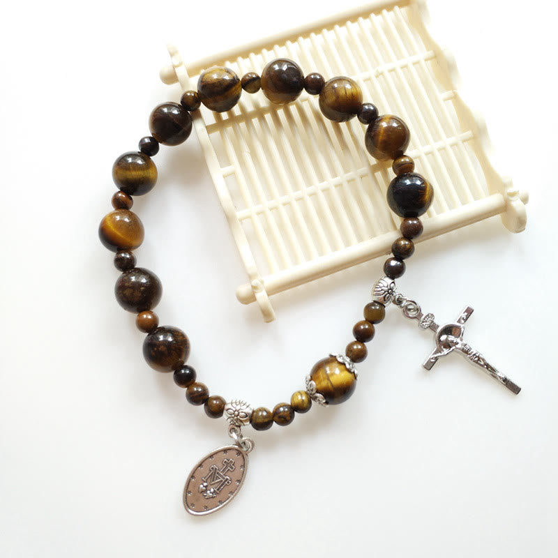 Christianartworkshop Jesuskreuz und Wundertätige Medaille, Tigerauge, Perlen-Rosenkranz-Armband - image 2