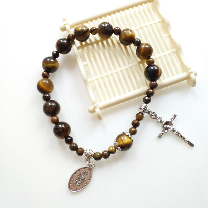 Christianartworkshop Jesuskreuz und Wundertätige Medaille, Tigerauge, Perlen-Rosenkranz-Armband - image 2