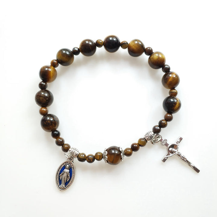 Christianartworkshop Jesuskreuz und Wundertätige Medaille, Tigerauge, Perlen-Rosenkranz-Armband - image 3