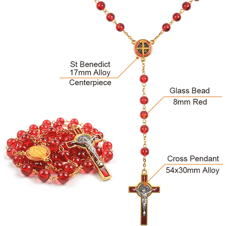 Katholischer St. Benedikt Herzstück Rote Glasperlen Kreuz Rosenkranz - image 2