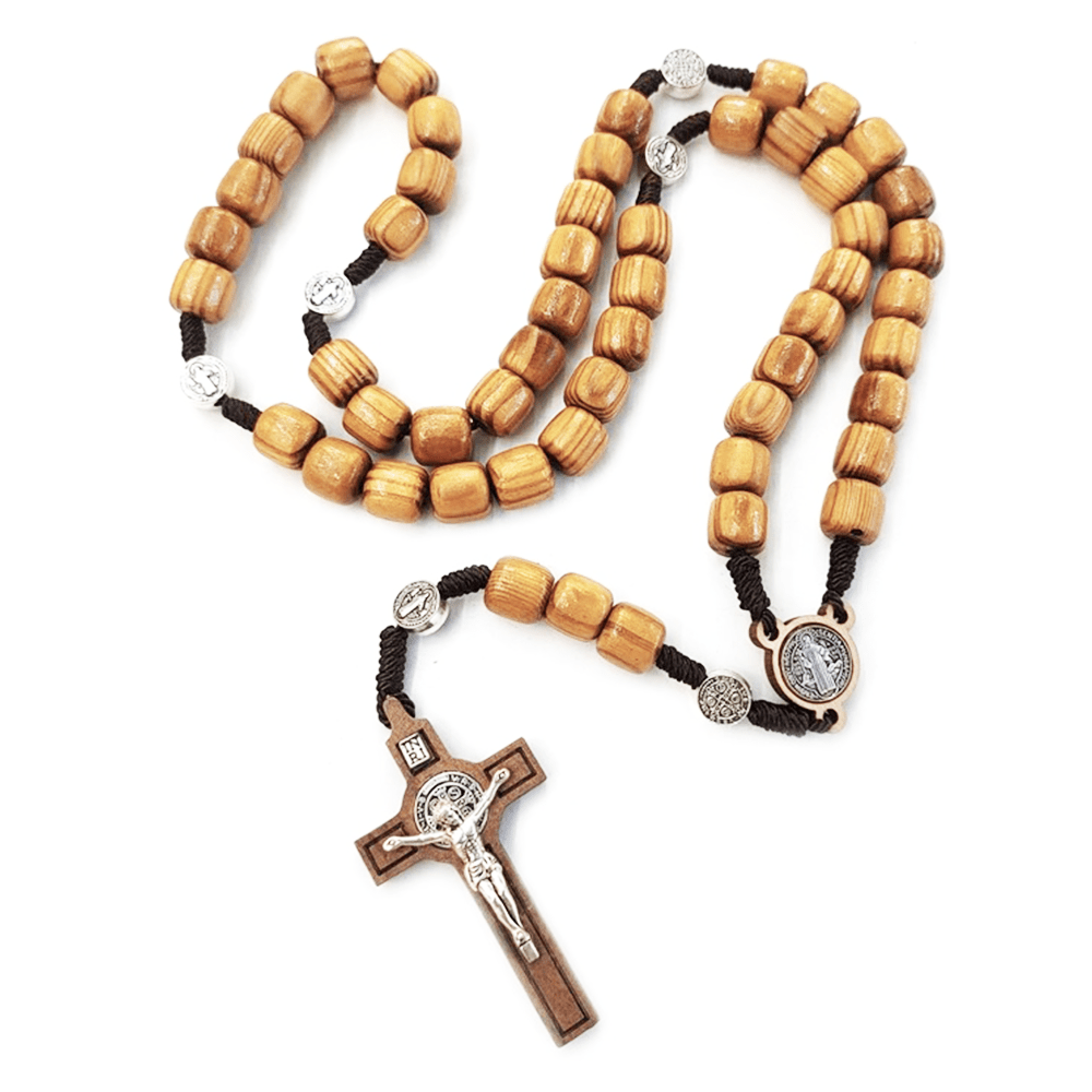 Handgefertigter Rosenkranz aus Naturholz mit dem Kreuz des Heiligen Benedikt - image 5