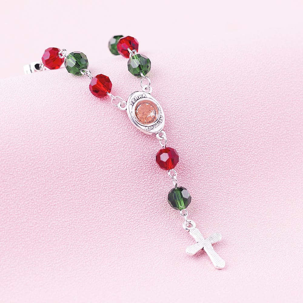 Rosenkranzarmband mit rotem und grünem Kristall der Jungfrau Maria - image 3