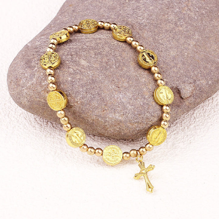Christianartworkshop Goldfarbenes Stretch-Armband mit St. Benedikt-Kreuz - Golden - image 1