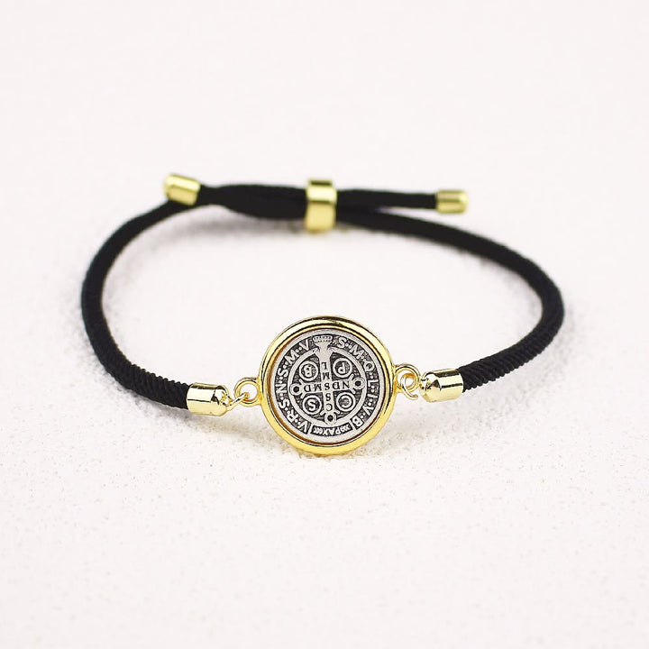 Christianartworkshop St. Benedikt-Medaille, schwarzes Seil, verstellbares Armband - Schwarze Kordel - image 1