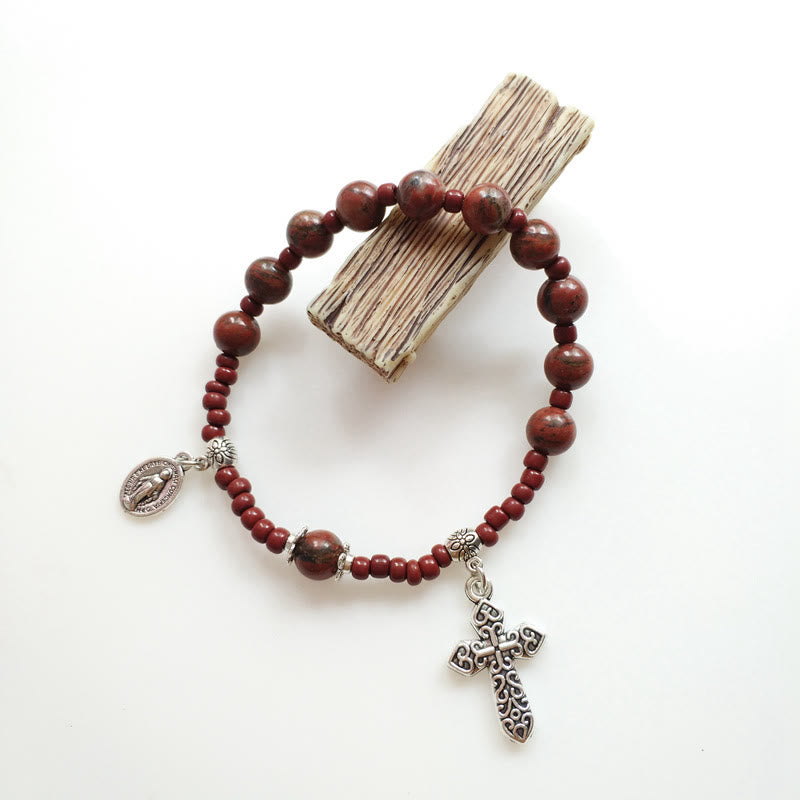 Christianartworkshop Wundertätige Medaille & Kreuz Rosenkranz-Armband aus Naturstein - Wein - image 1