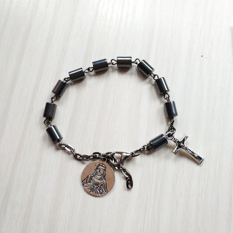 Christianartworkshop Jesus Herz Jesu & Kruzifix Hämatit Schlichtheit Armband - Schwarz - image 0
