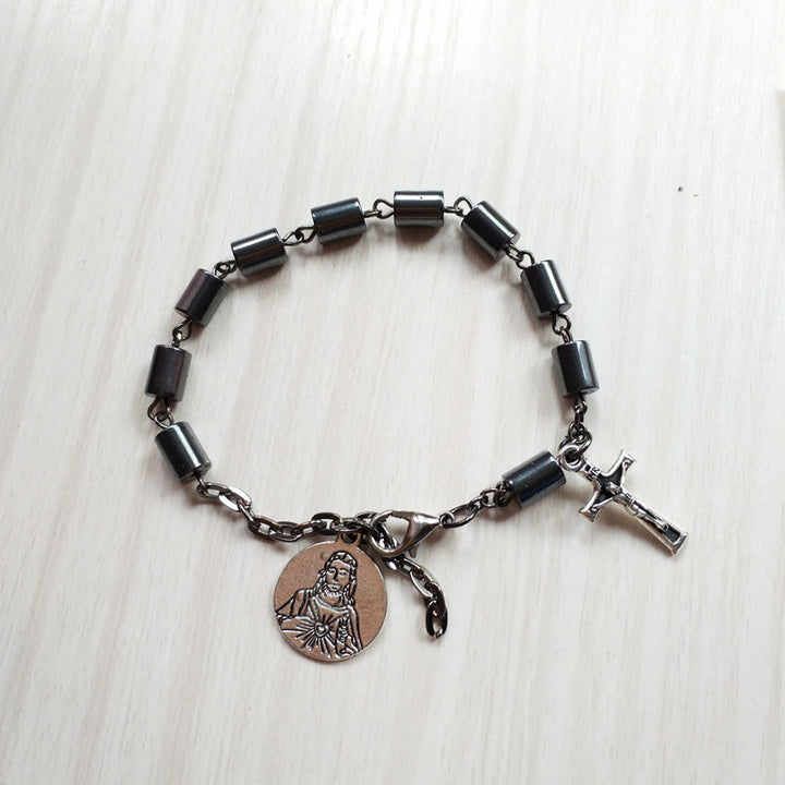 Christianartworkshop Jesus Herz Jesu & Kruzifix Hämatit Schlichtheit Armband - Schwarz - image 0