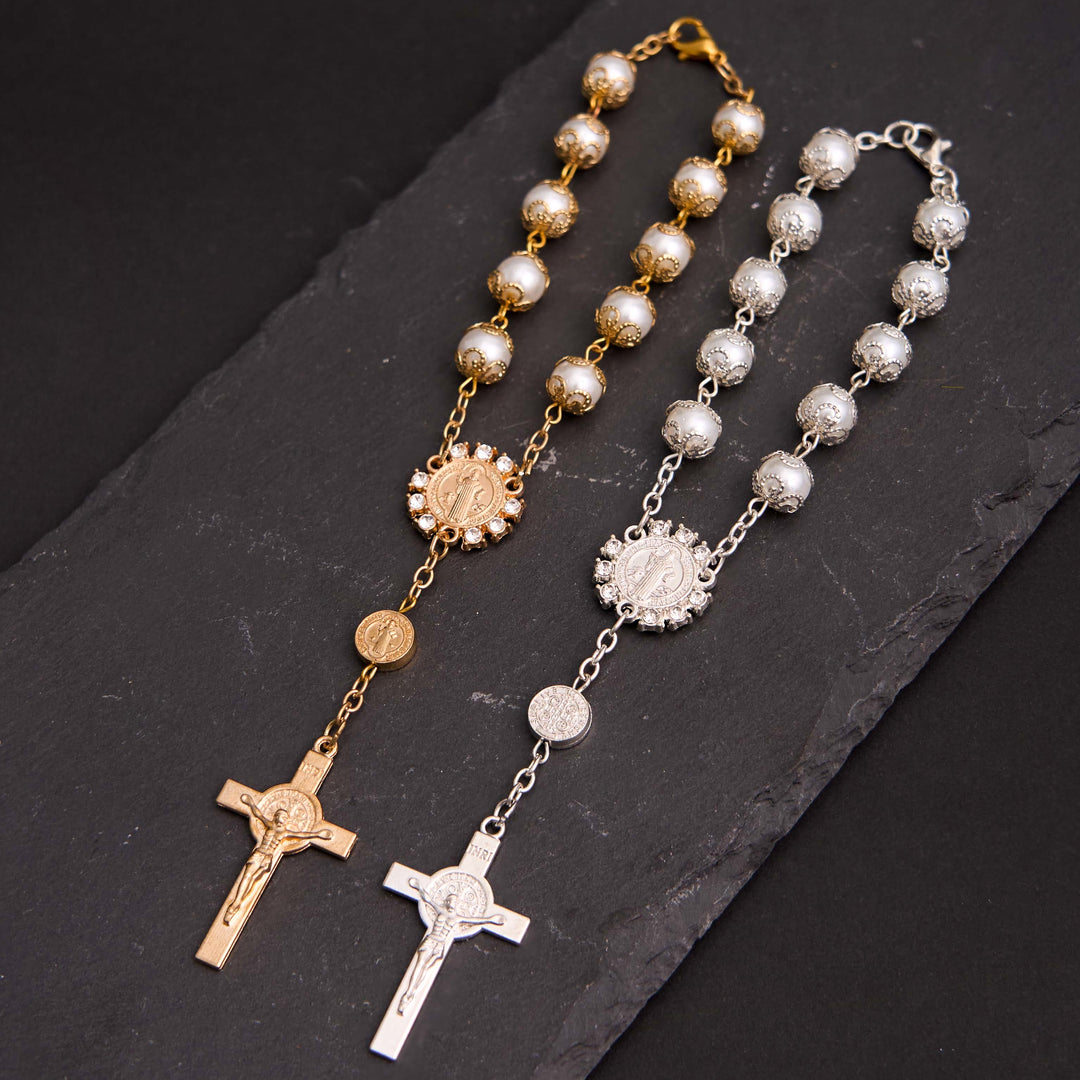 Christliche Glasperlen St. Benedikt & Jesus Kreuz Armband Rosenkranz - Golden - image 1