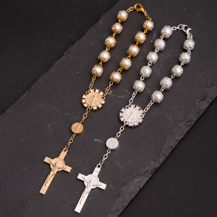 Christliche Glasperlen St. Benedikt & Jesus Kreuz Armband Rosenkranz - Golden - image 1