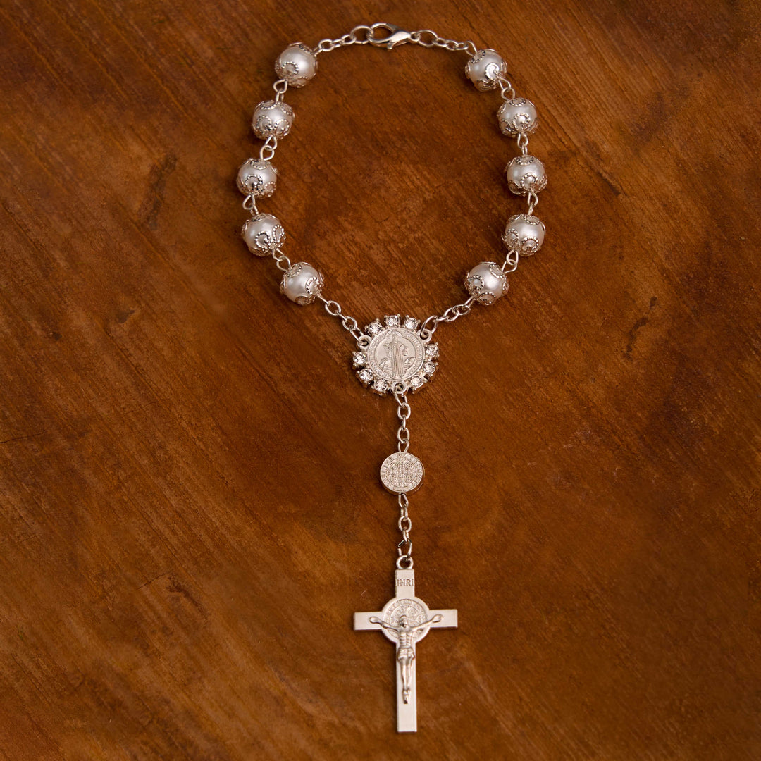 Christliche Glasperlen St. Benedikt & Jesus Kreuz Armband Rosenkranz - Silber - image 8