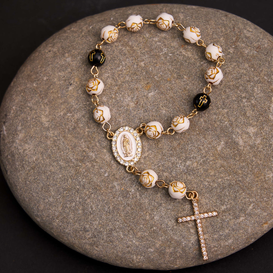 Rosenperlen Kreuz Unsere Liebe Frau von Guadalupe Armband Rosenkranz - Weiß - image 1