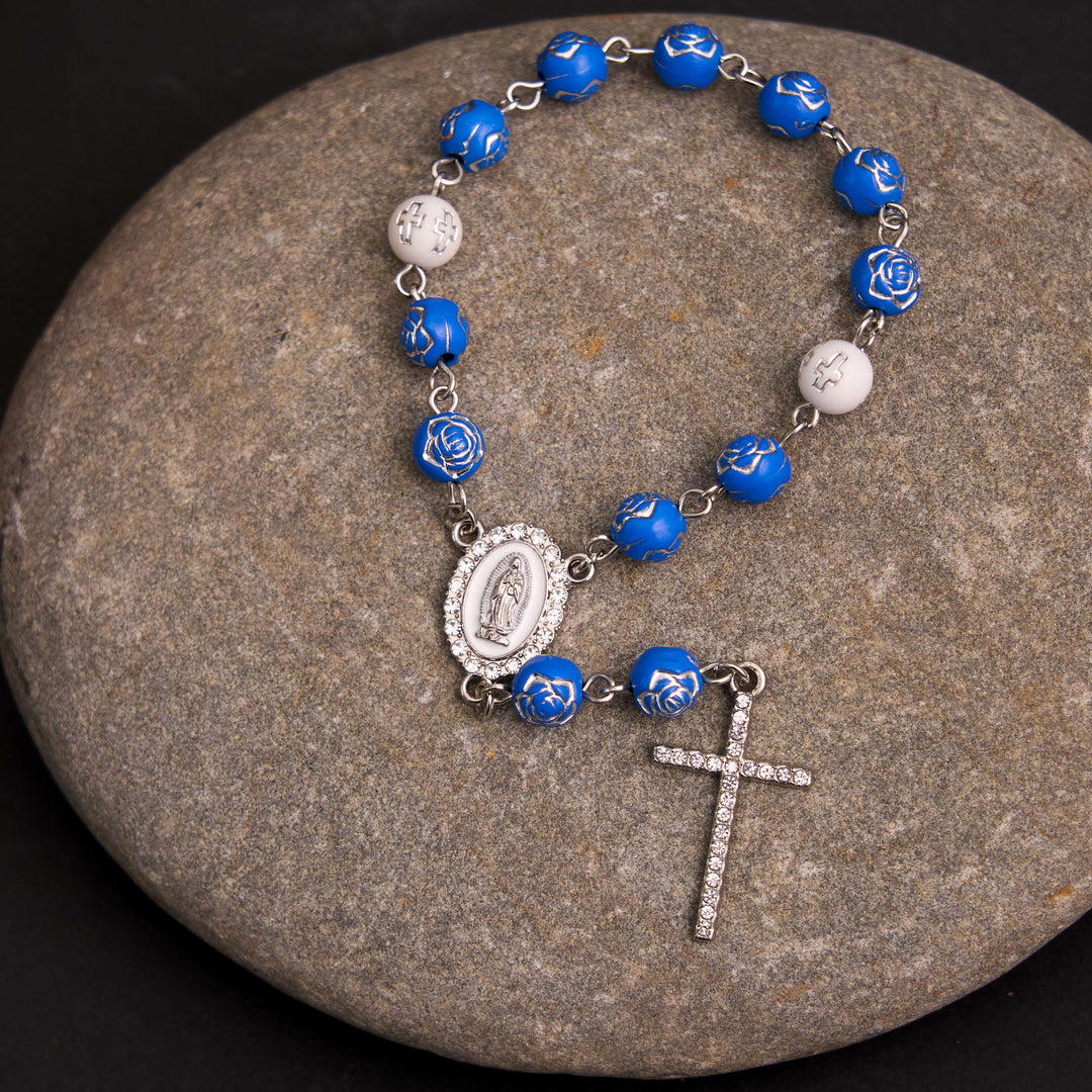 Rosenperlen Kreuz Unsere Liebe Frau von Guadalupe Armband Rosenkranz - Blau - image 4