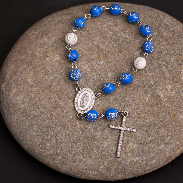 Rosenperlen Kreuz Unsere Liebe Frau von Guadalupe Armband Rosenkranz - Blau - image 5