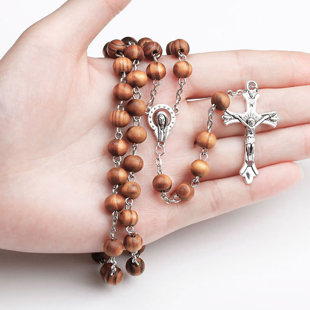 Klassischer christlicher Rosenkranz aus Holz mit langer Kette - Braun - image 1