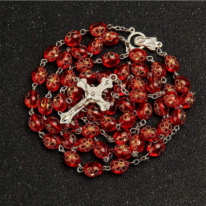 Jesuskreuz-Blumenperlen, mehrfarbiger Rosenkranz - Rot - image 1