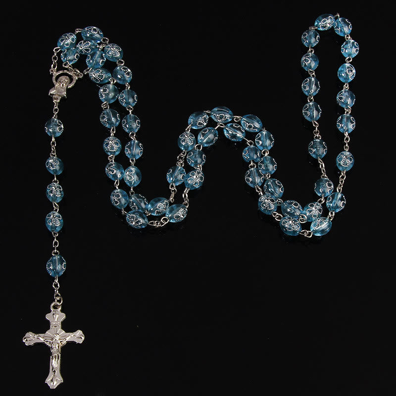 Jesuskreuz-Blumenperlen, mehrfarbiger Rosenkranz - Blau - image 5