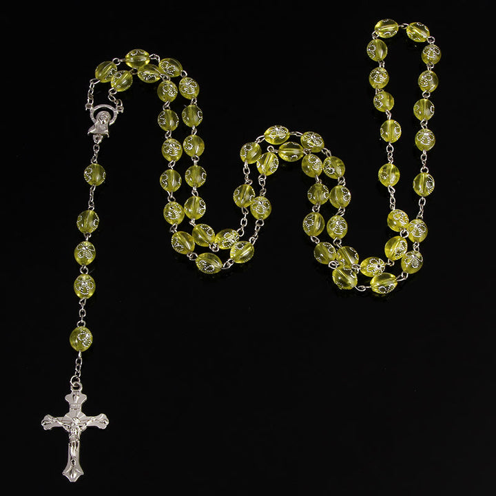 Jesuskreuz-Blumenperlen, mehrfarbiger Rosenkranz - Gelb - image 3