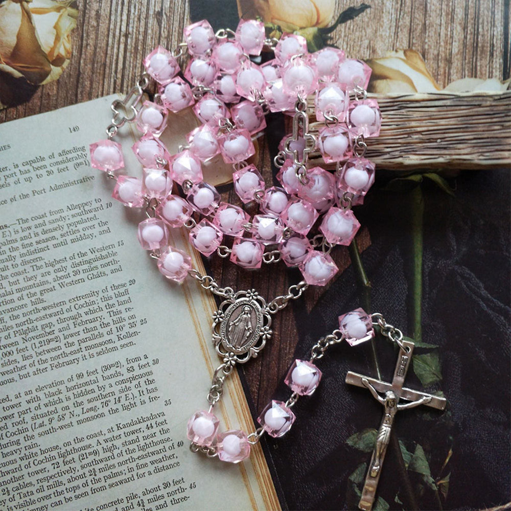 Christianartworkshop Wundertätige Medaille und Kruzifix, 8 mm quadratisch, rosa Kette aus Acryllegierung, Rosenkranz - image 2