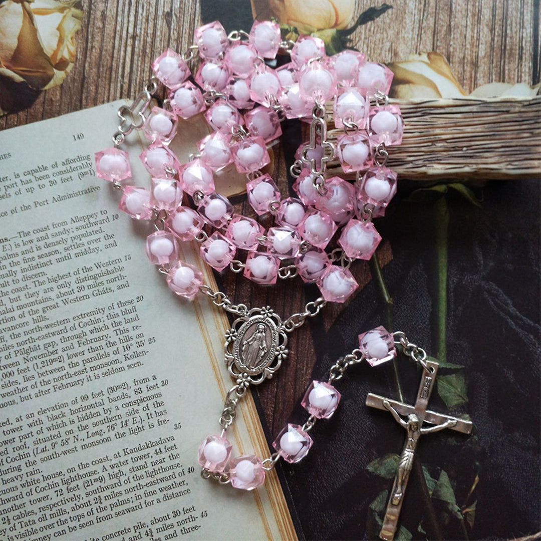 Christianartworkshop Wundertätige Medaille und Kruzifix, 8 mm quadratisch, rosa Kette aus Acryllegierung, Rosenkranz - image 2