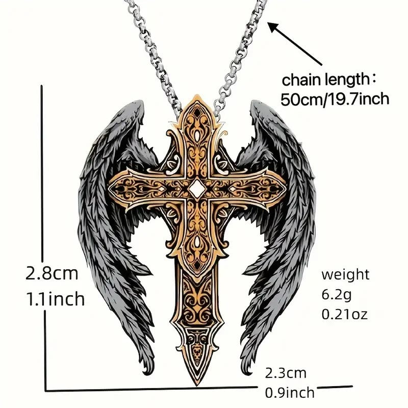 Christianartworkshop Schwere Halskette mit Schutzflügeln und handgefertigtem Kreuz aus Legierung - image 3