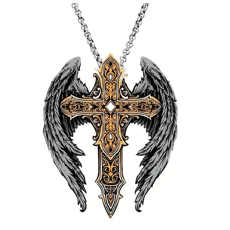 Christianartworkshop Schwere Halskette mit Schutzflügeln und handgefertigtem Kreuz aus Legierung - Silber-Gold - image 1