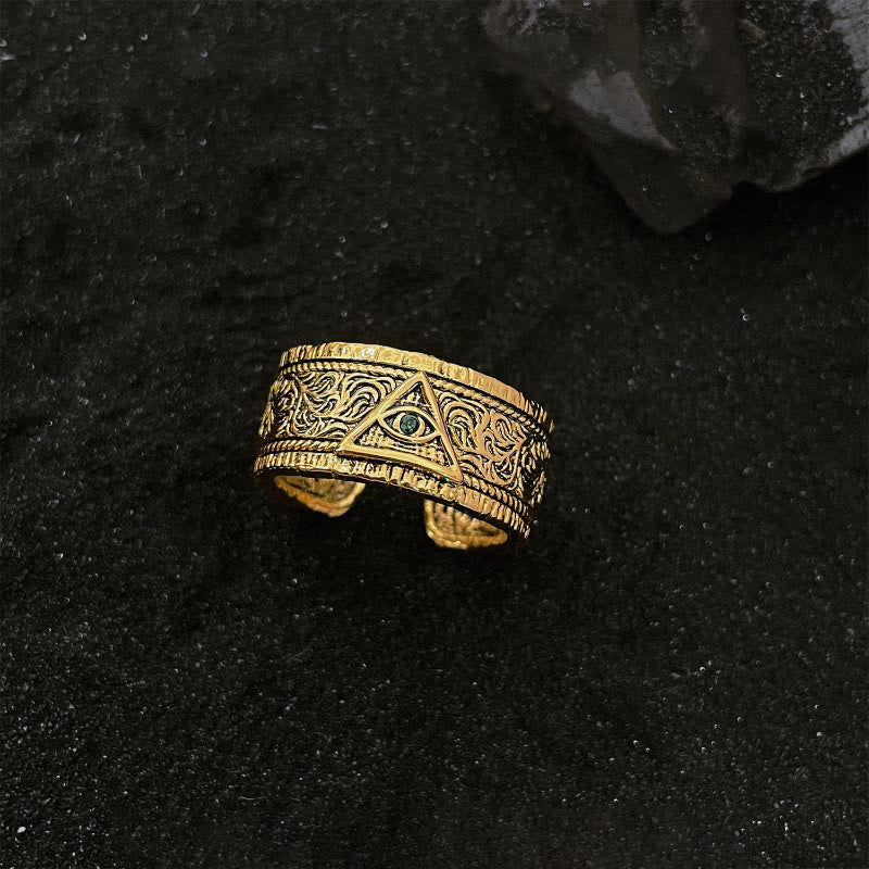 Christianartworkshop Retro Heavy Style Auge Gottes Muster Goldener Ring - Dunkelgrün - image 1