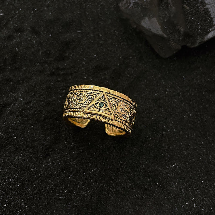 Christianartworkshop Retro Heavy Style Auge Gottes Muster Goldener Ring - Dunkelgrün - image 1