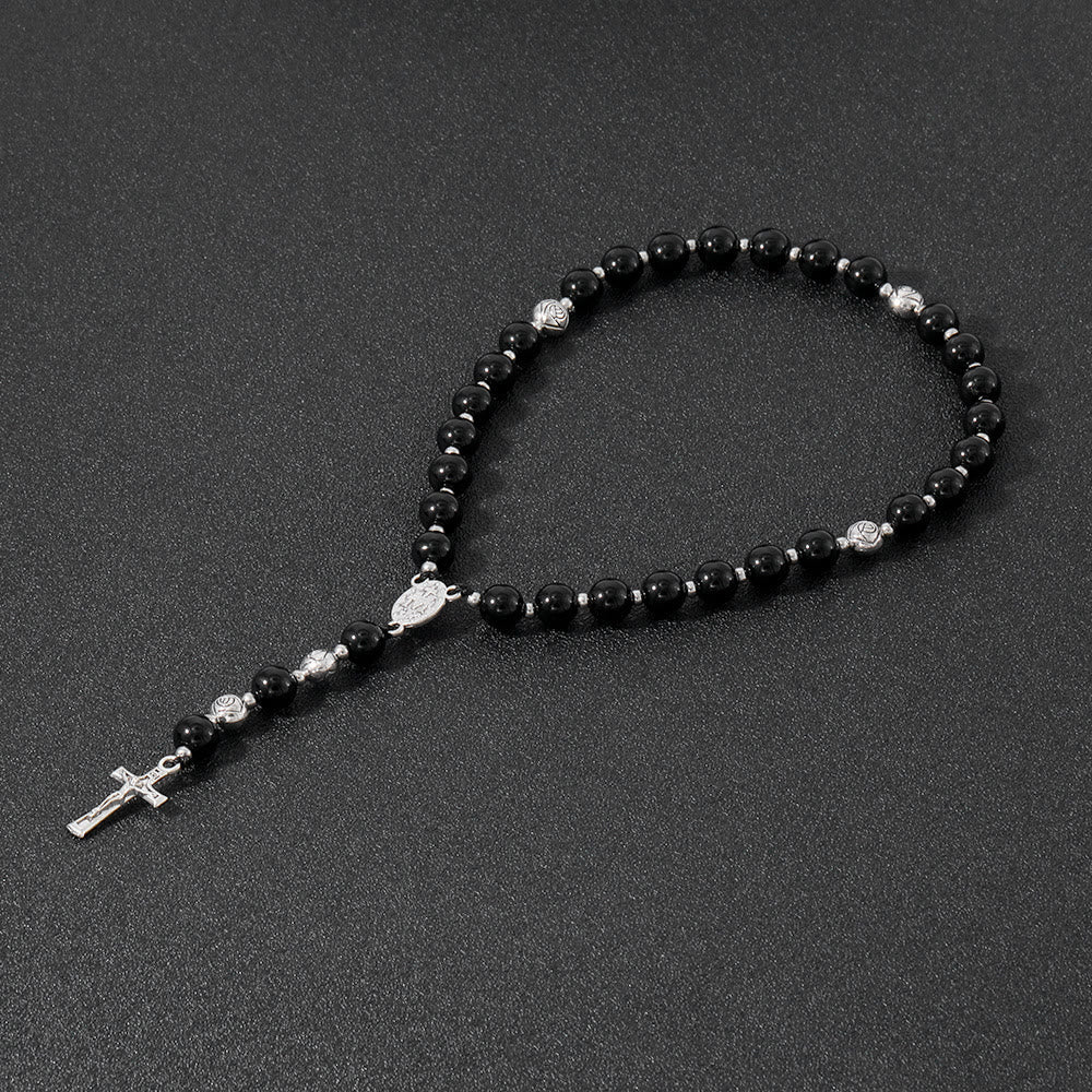 Christianartworkshop Wundertätige Medaille und Kruzifix aus 8 mm rundem, mehrfarbigem Stein, Nylonschnur, Rosenkranz - Polierter schwarzer Achat - image 12