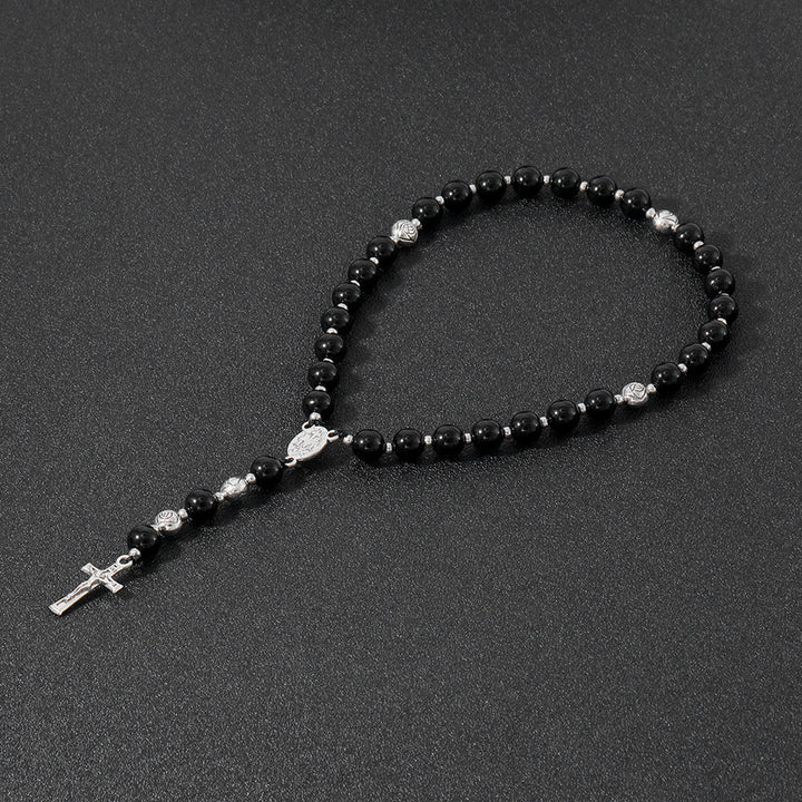 Christianartworkshop Wundertätige Medaille und Kruzifix aus 8 mm rundem, mehrfarbigem Stein, Nylonschnur, Rosenkranz - Polierter schwarzer Achat - image 12