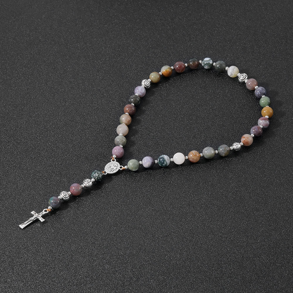 Christianartworkshop Wundertätige Medaille und Kruzifix aus 8 mm rundem, mehrfarbigem Stein, Nylonschnur, Rosenkranz - Indischer Achat - image 0