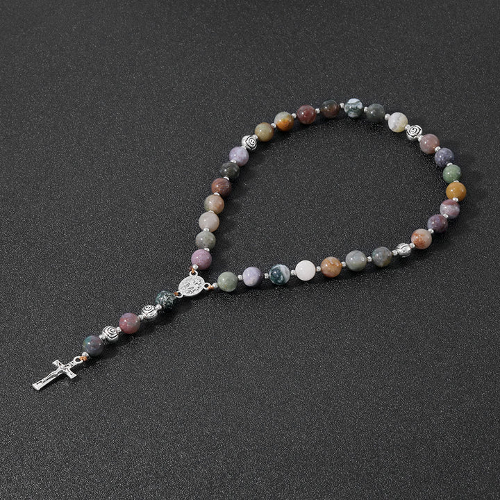 Christianartworkshop Wundertätige Medaille und Kruzifix aus 8 mm rundem, mehrfarbigem Stein, Nylonschnur, Rosenkranz - Indischer Achat - image 0