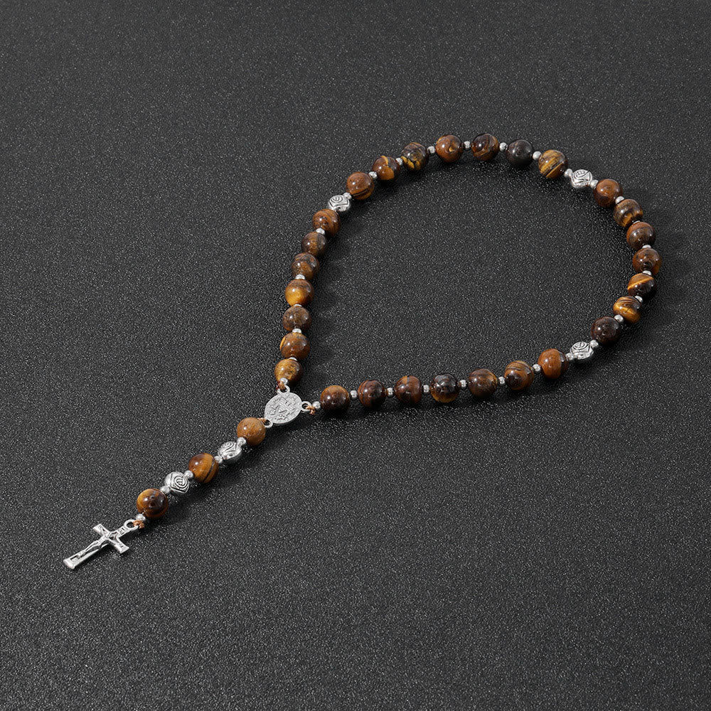 Christianartworkshop Wundertätige Medaille und Kruzifix aus 8 mm rundem, mehrfarbigem Stein, Nylonschnur, Rosenkranz - Gelber Tigerauge-Stein - image 3