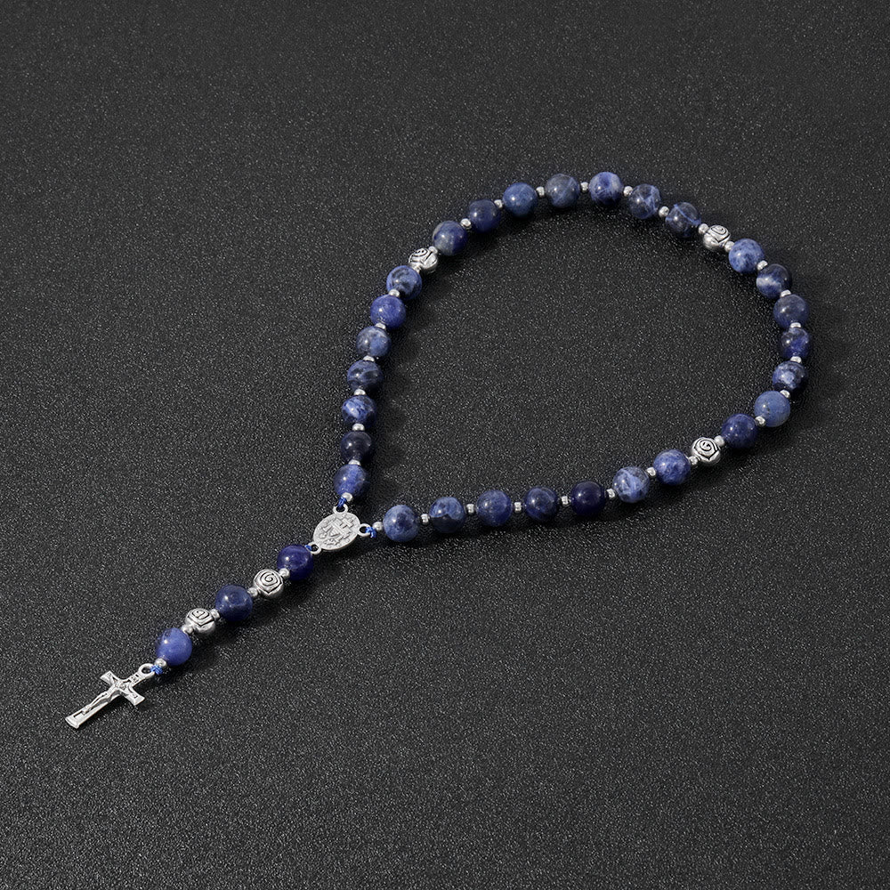 Christianartworkshop Wundertätige Medaille und Kruzifix aus 8 mm rundem, mehrfarbigem Stein, Nylonschnur, Rosenkranz - Blauer Stein - image 9